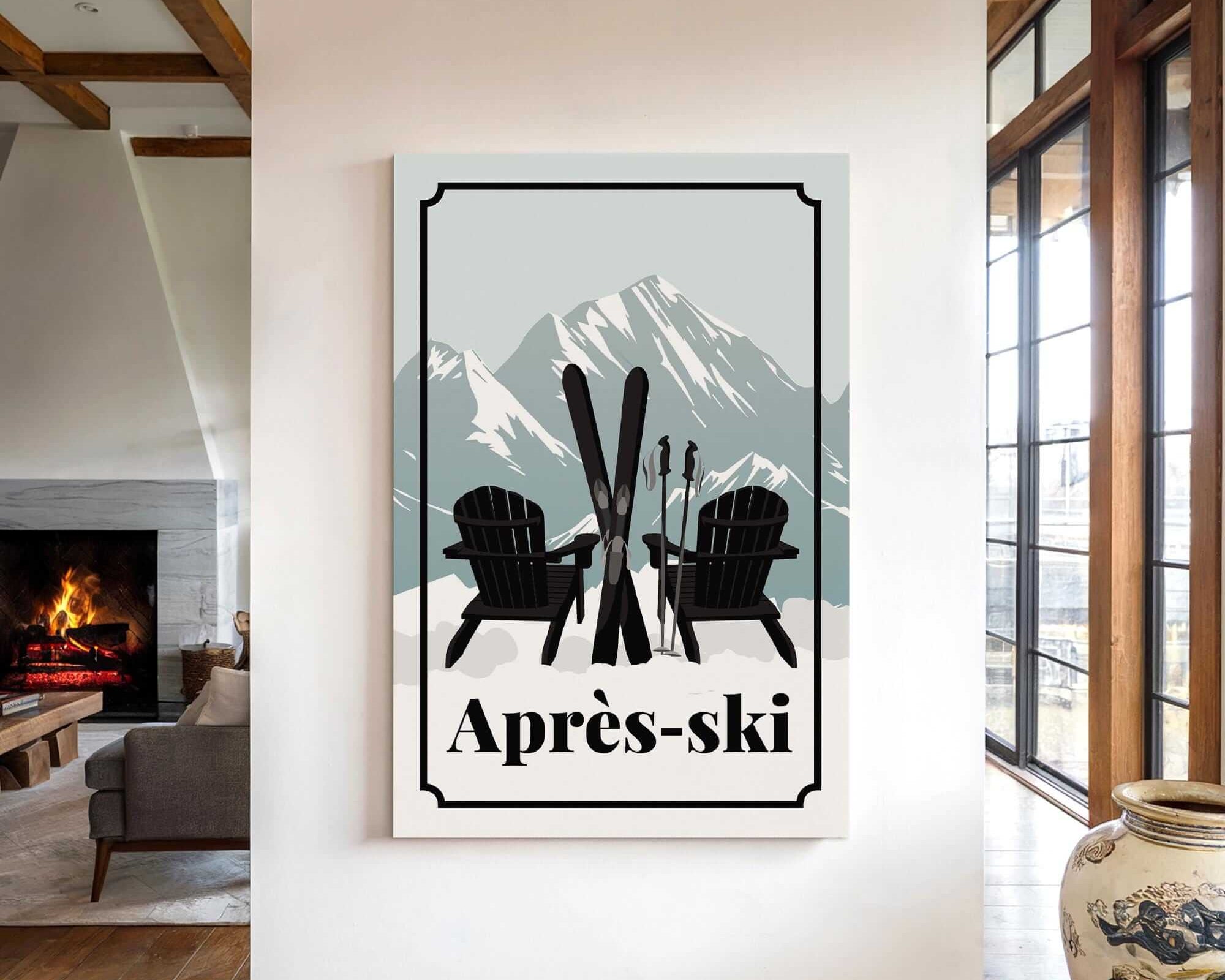 a cozy indoor setting with a fireplace, a large vase, and a framed poster of two black chairs with skis on them, along with the text "Apres-ski" (ski resort).