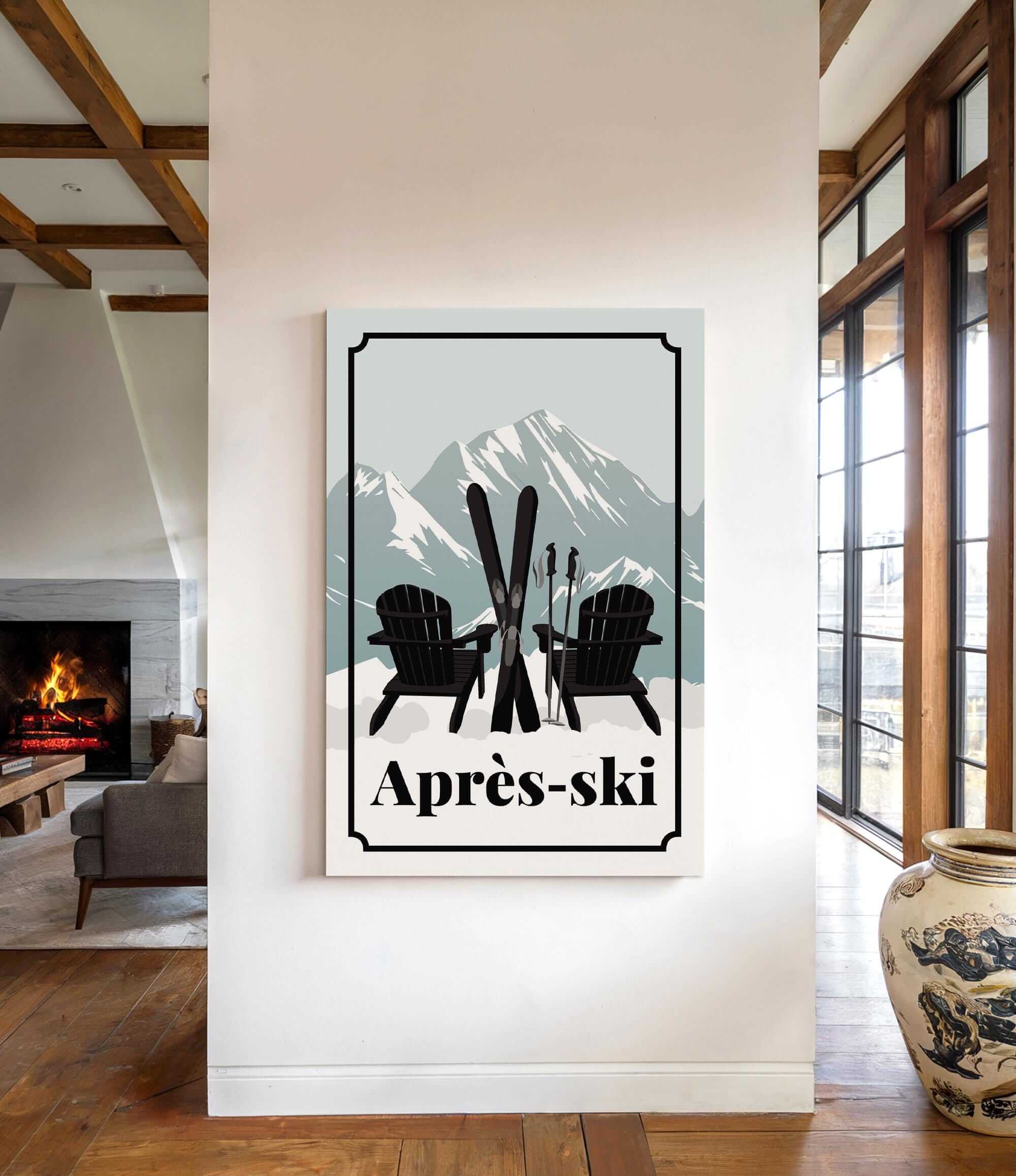 a cozy indoor setting with a fireplace, a large vase, and a framed poster of two black chairs with skis on them, along with the text "Apres-ski" (ski resort).