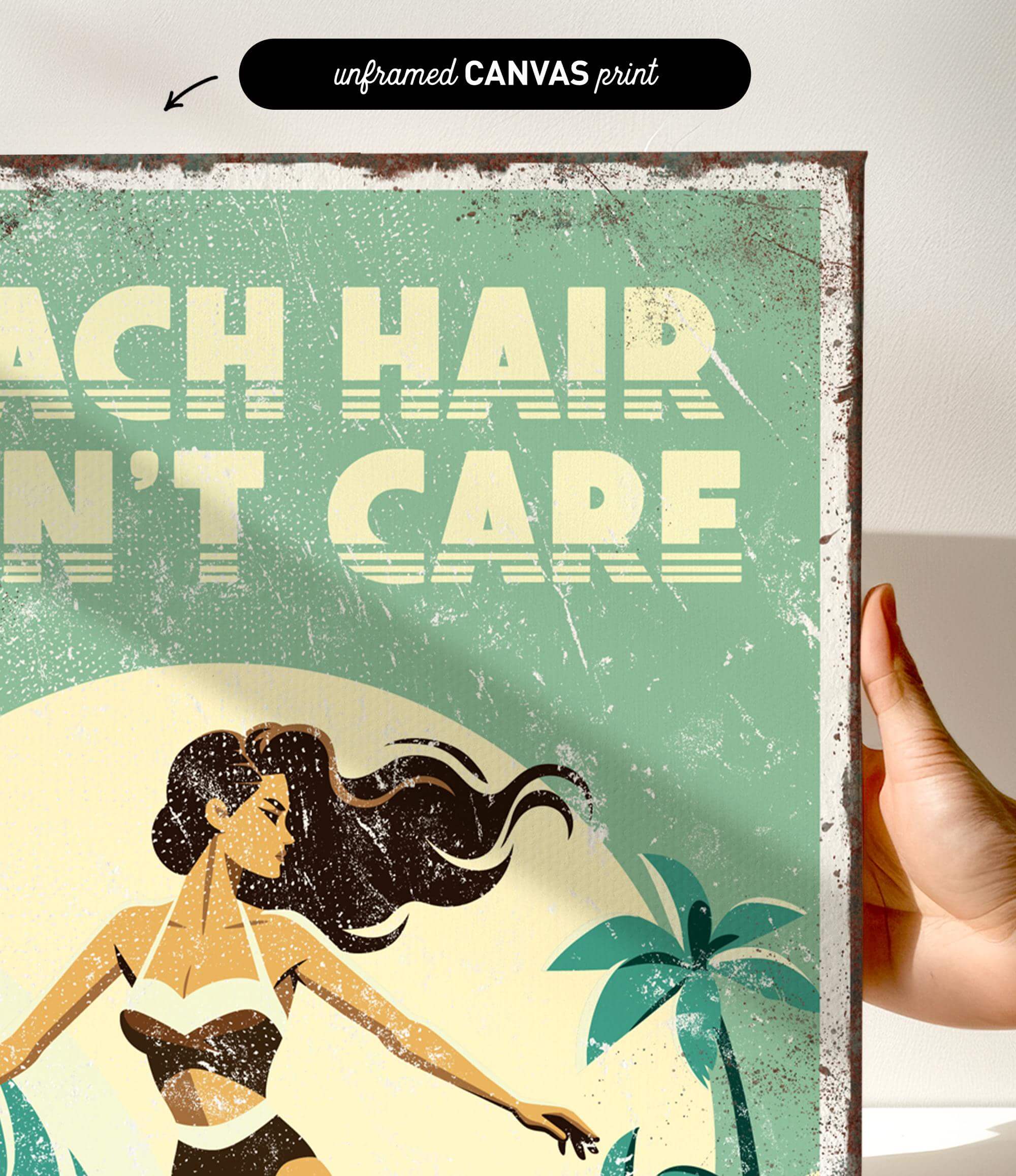 The image is a vintage-style canvas print featuring a woman with long hair and a tropical background.