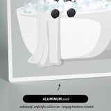 a black cat sitting in a white bathtub filled with bubbles, with its paws hanging over the edge.