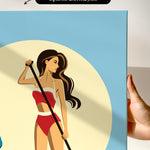 a woman in a red swimsuit holding a paddle, with a blue background and a yellow circle.