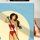 a woman in a red swimsuit holding a paddle, with a blue background and a yellow circle.