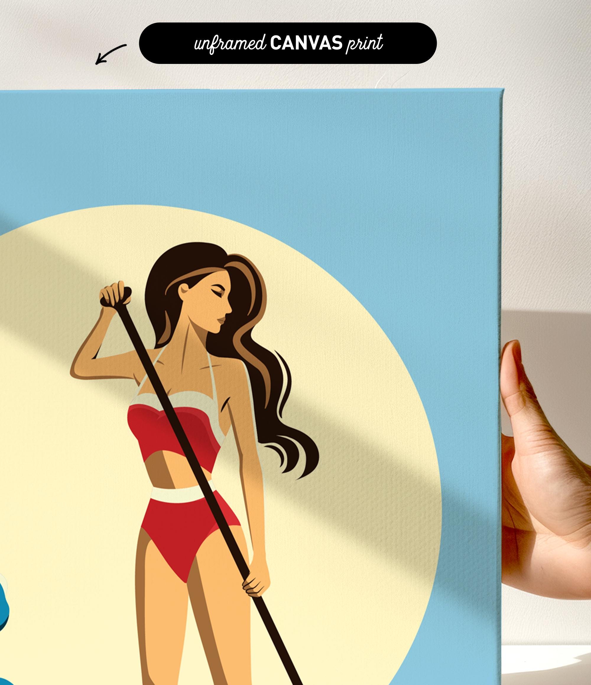 a woman in a red swimsuit holding a paddle, with a blue background and a yellow circle.