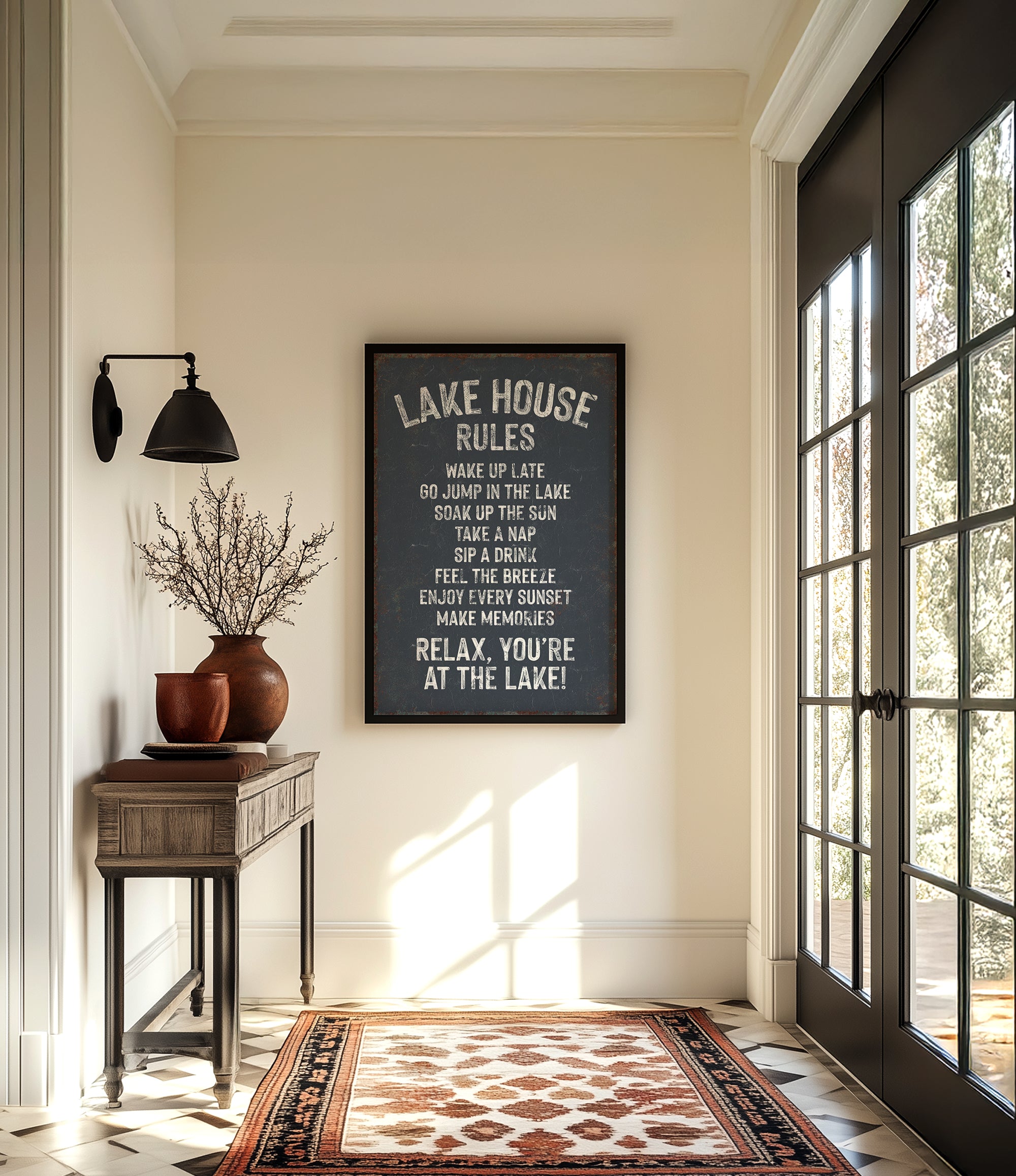 a hallway with a framed sign that reads "LAKESHORE RULES" hanging on the wall. The hallway has a wooden table, a lamp, and a rug on the floor. There is also a window with a view of trees outside.
