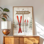 a picture of skis on a wall above a dresser