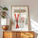 a picture of skis on a wall above a dresser