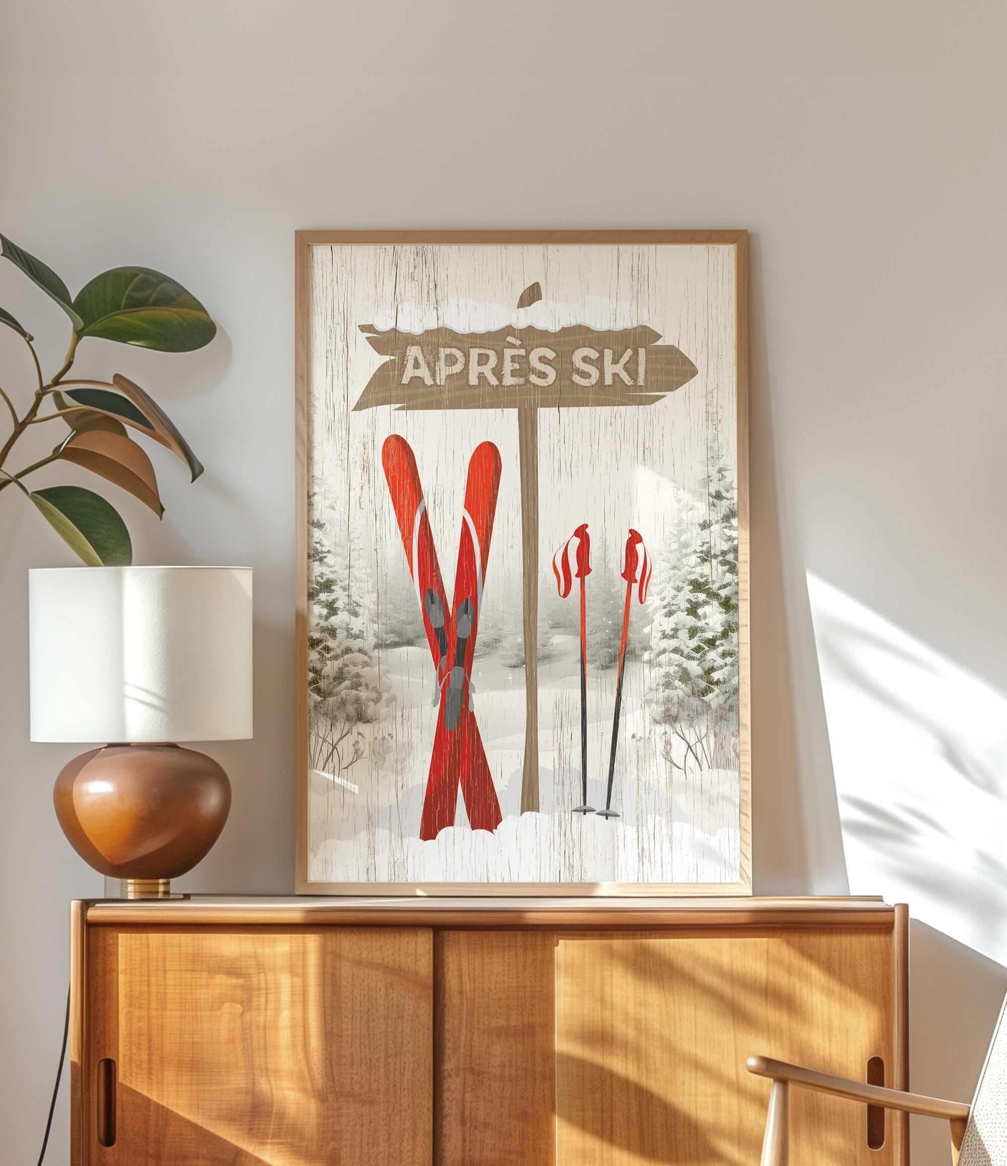 a picture of skis on a wall above a dresser