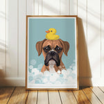 A framed illustration of a brown dog with a yellow rubber duck on its head, set against a blue background with white bubbles.
