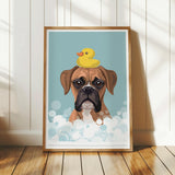 A framed illustration of a brown dog with a yellow rubber duck on its head, set against a blue background with white bubbles.