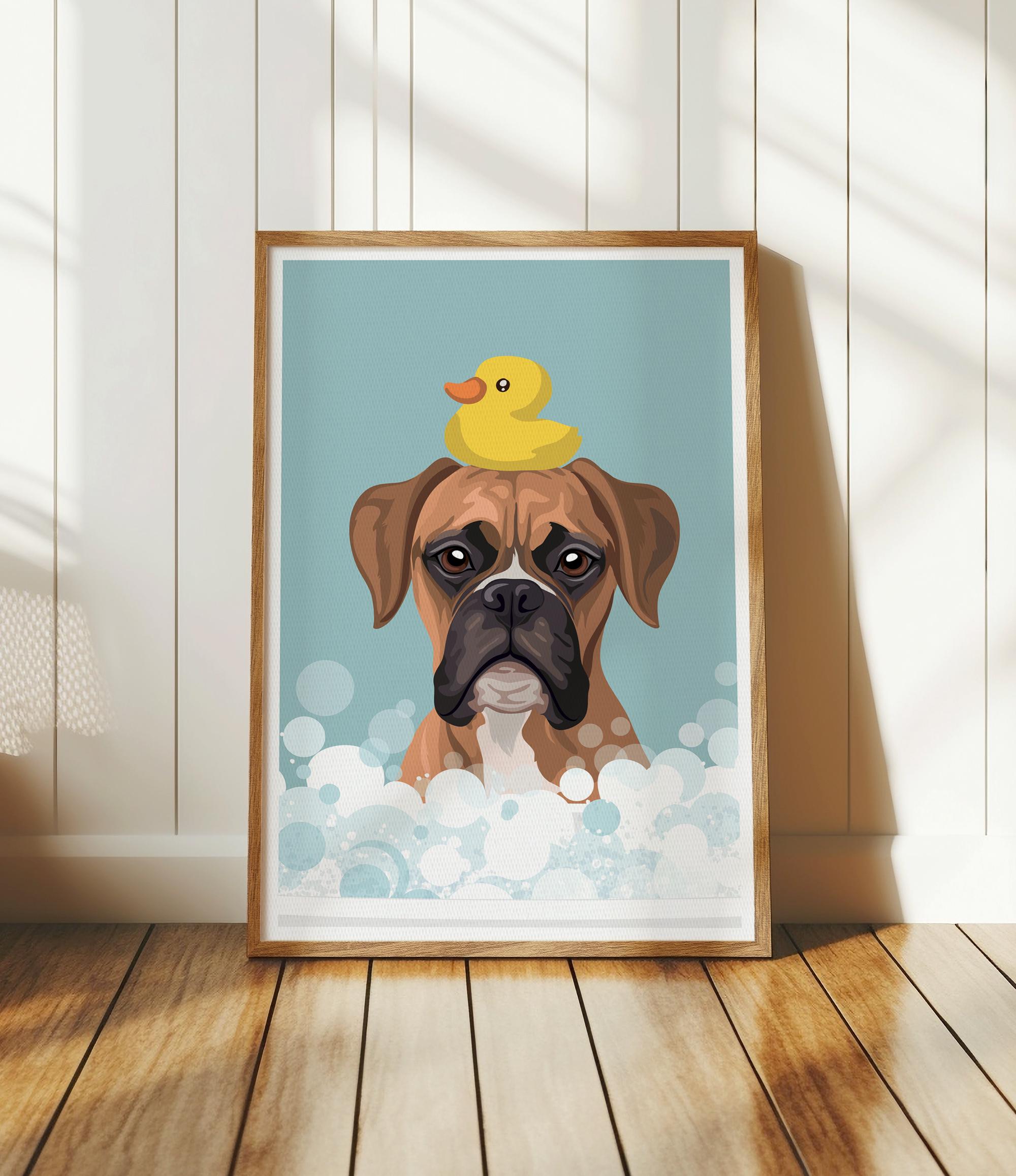 A framed illustration of a brown dog with a yellow rubber duck on its head, set against a blue background with white bubbles.