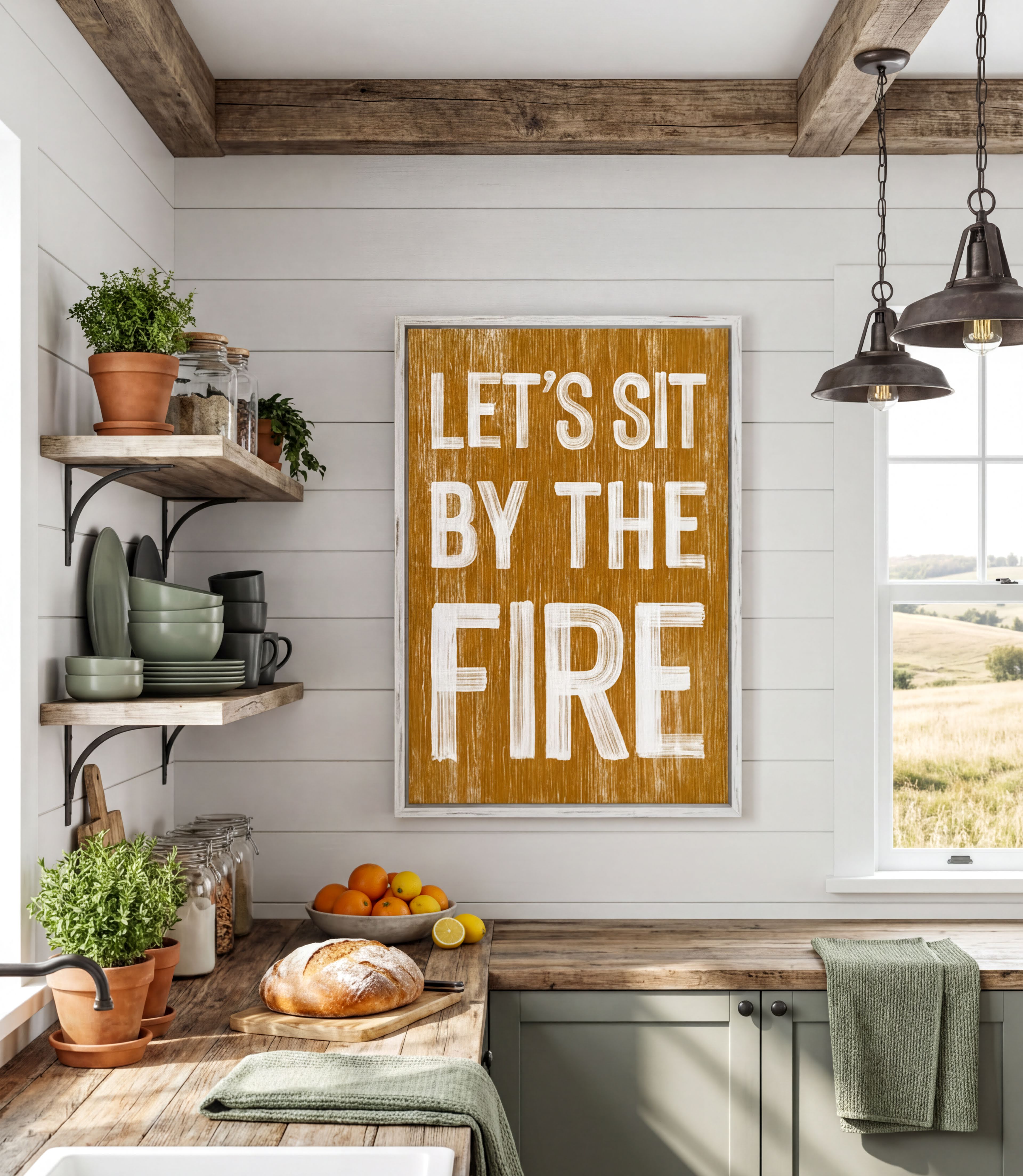 a kitchen with a wooden countertop, shelves, and a framed sign that reads "LET'S SIT BY THE FIRE". The kitchen also has various kitchen items such as a bowl, oranges, and a potted plant.