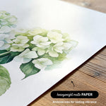 a close-up view of a watercolor painting of white hydrangea flowers on a white background.