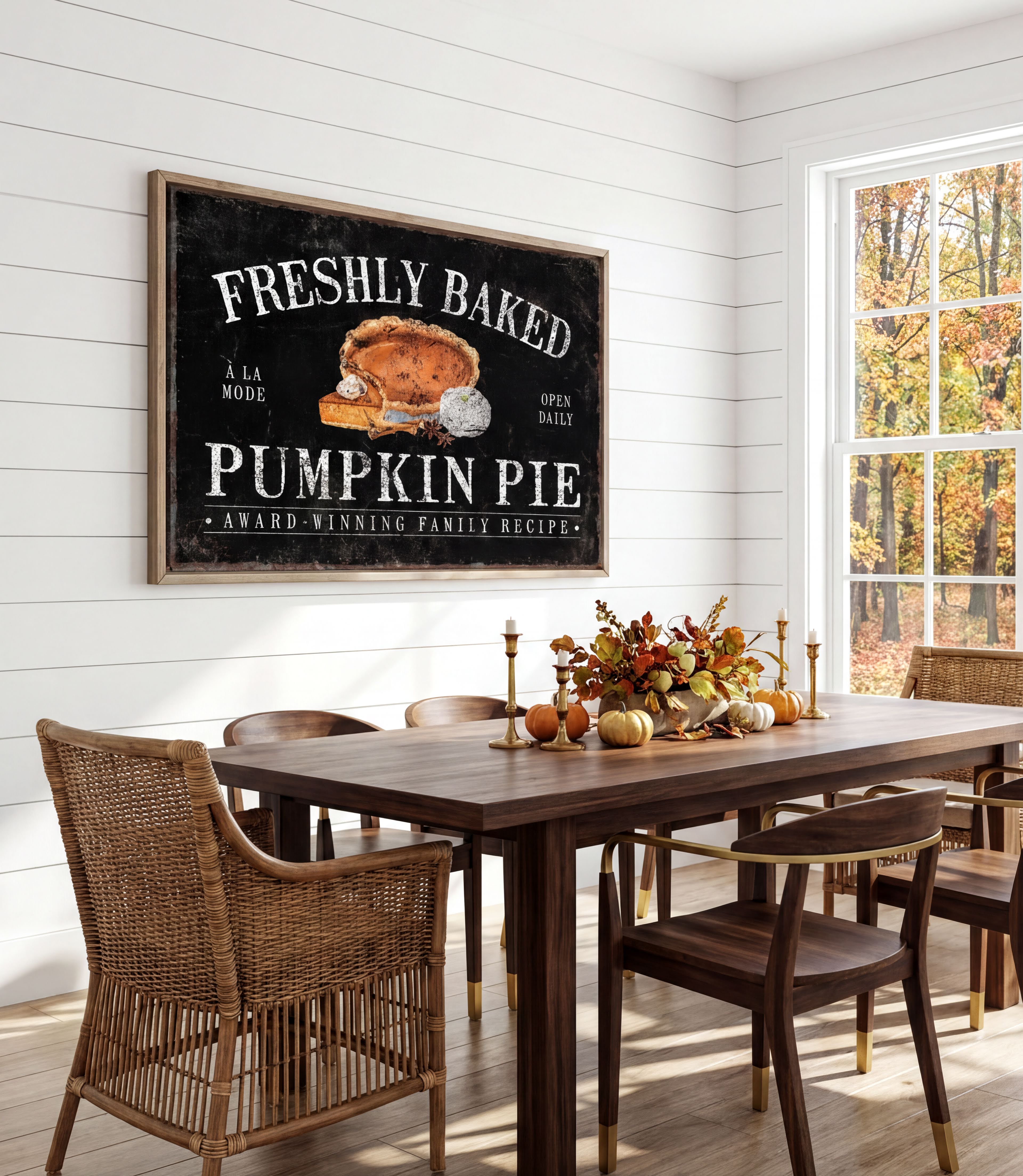 a dining room with a wooden table and chairs, a framed sign on the wall that reads "Freshly Baked Pumpkin Pie", and a vase of flowers on the table.