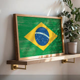 a picture of the flag of brazil on a shelf next to a potted plant