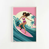 A woman in a pink and white swimsuit is surfing on a pink surfboard, with palm trees and a sunset in the background.