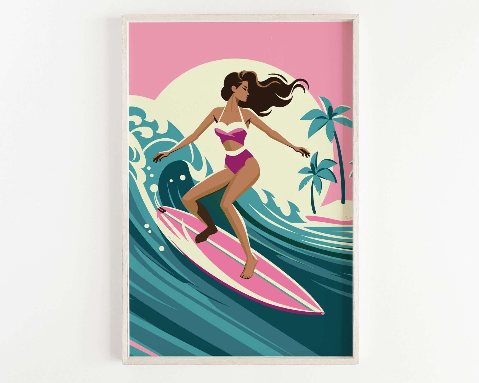 A woman in a pink and white swimsuit is surfing on a pink surfboard, with palm trees and a sunset in the background.
