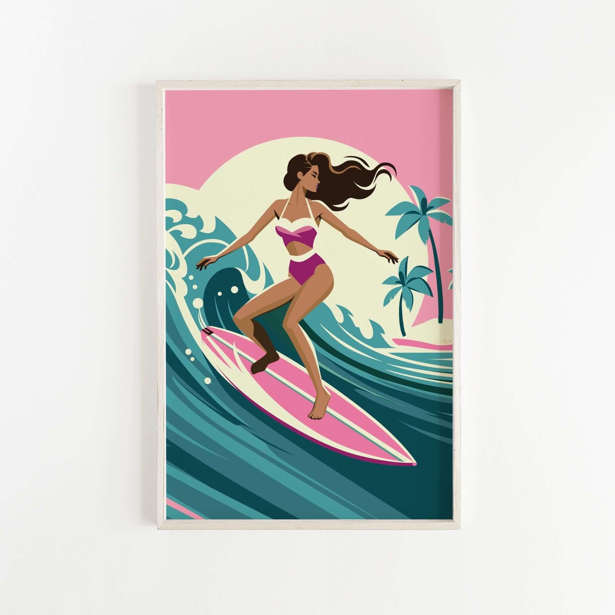 A woman in a pink and white swimsuit is surfing on a pink surfboard, with palm trees and a sunset in the background.
