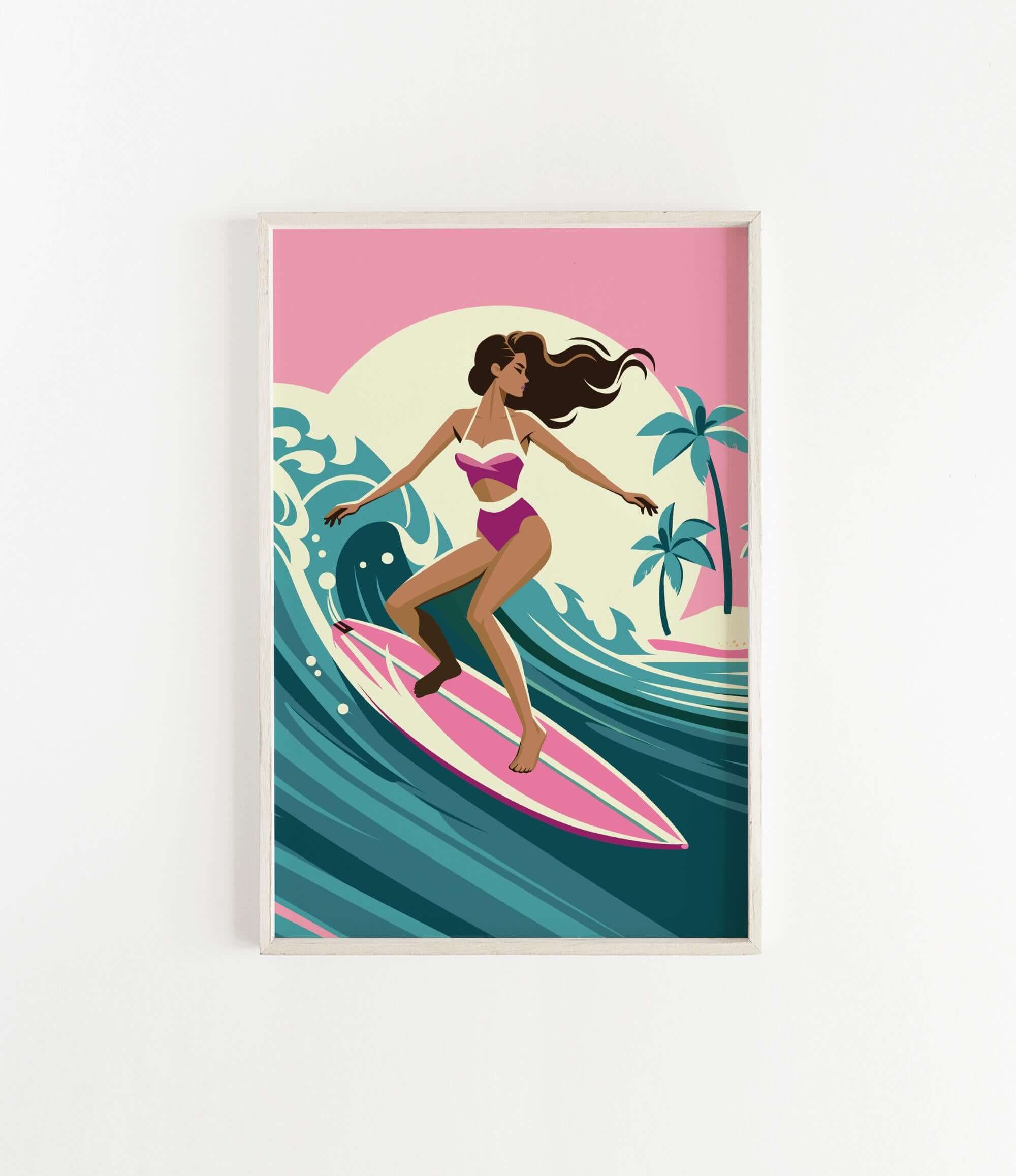 A woman in a pink and white swimsuit is surfing on a pink surfboard, with palm trees and a sunset in the background.