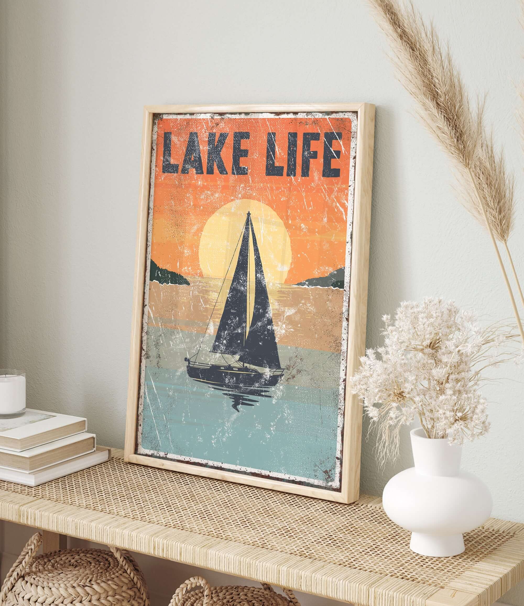 a picture of a sailboat on a shelf