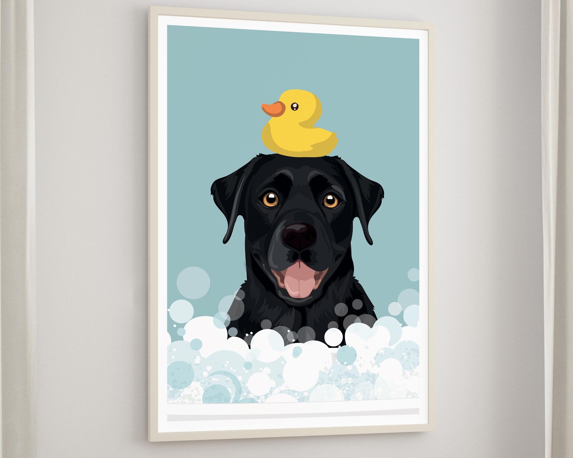 A framed illustration of a black dog with a yellow rubber duck on its head, set against a blue background with white bubbles.