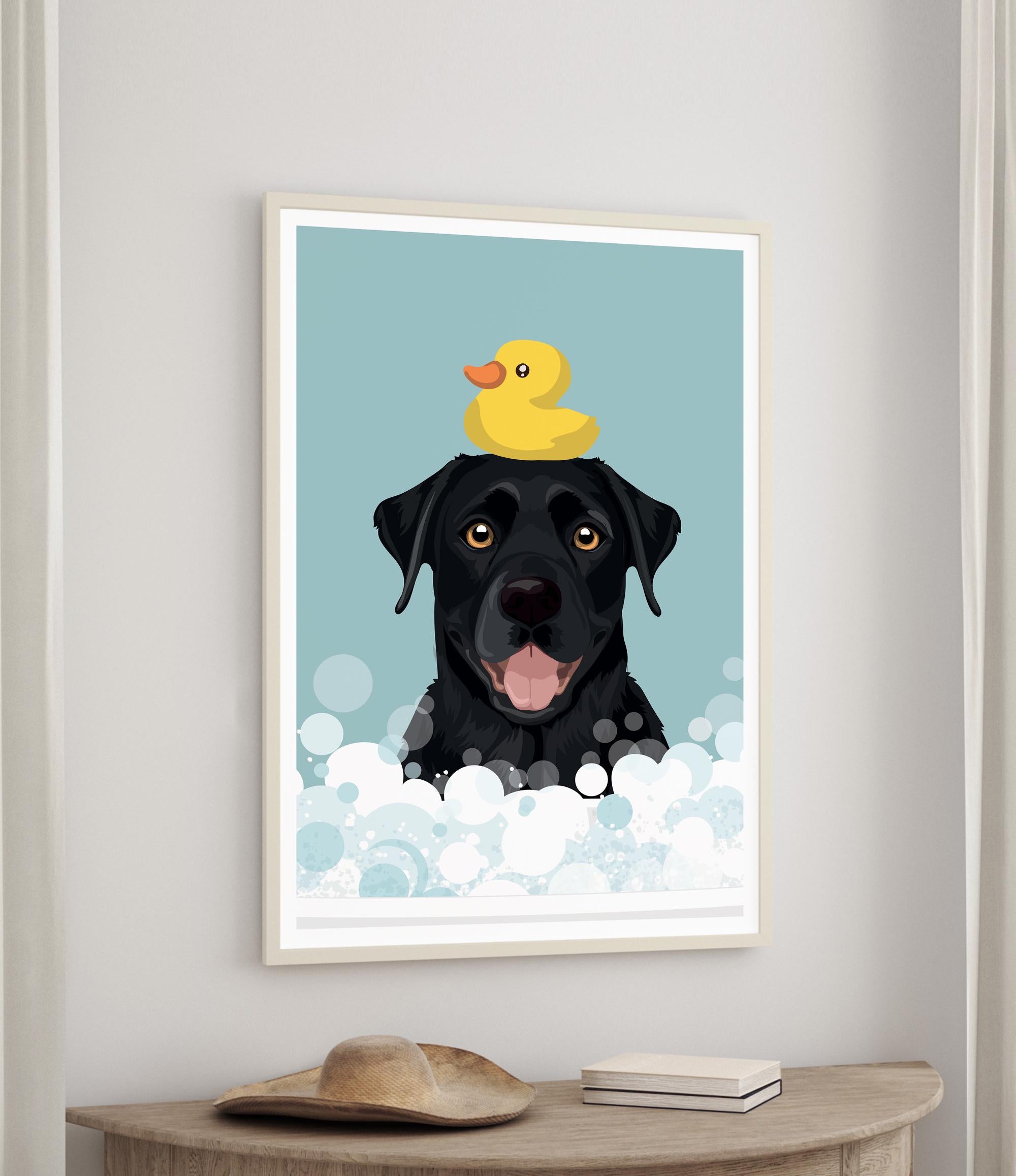 A framed illustration of a black dog with a yellow rubber duck on its head, set against a blue background with white bubbles.
