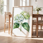 a framed watercolor painting of a hydrangea flower on a wooden table, with a vase of flowers and a pendant light in the background.