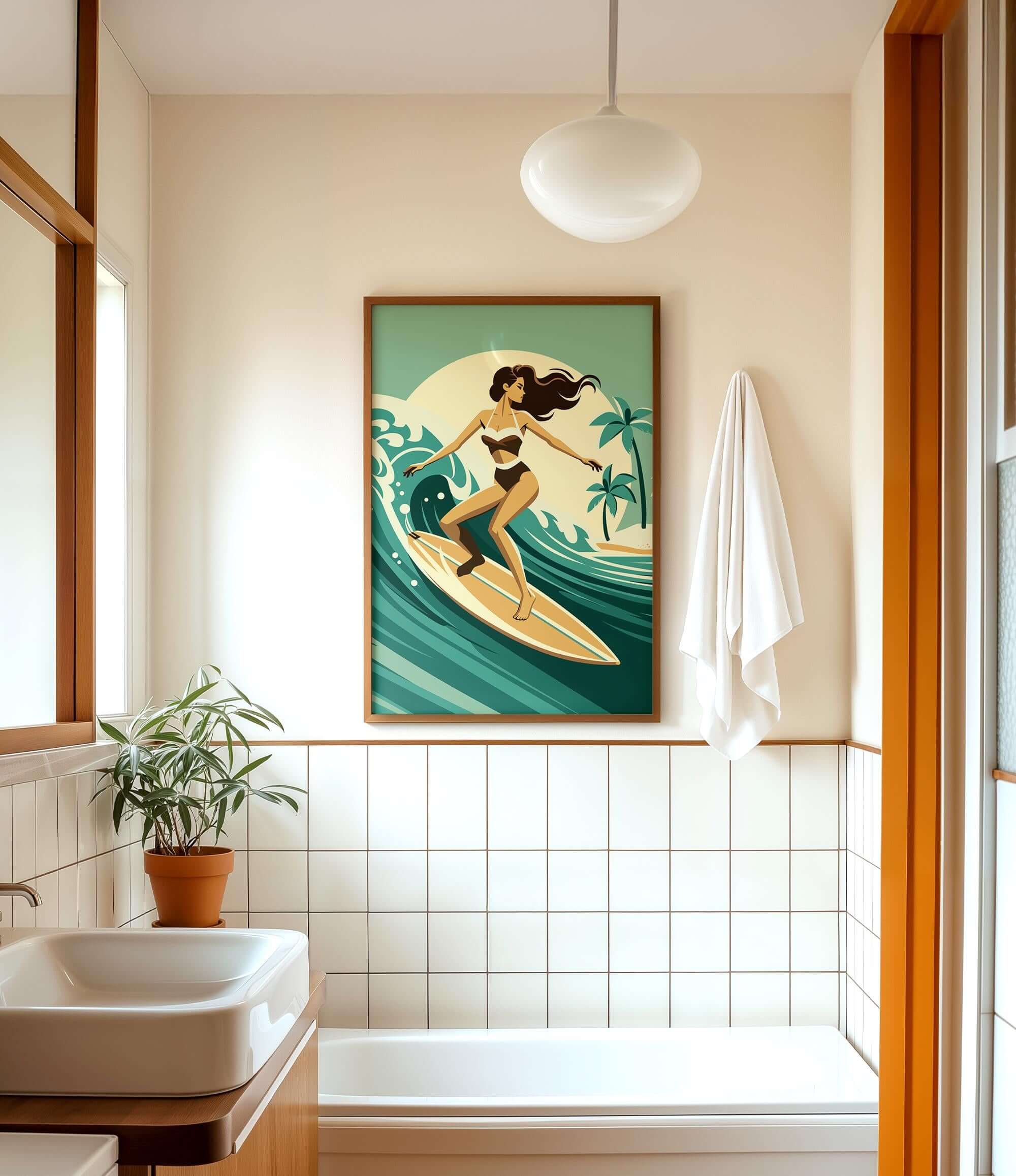 a bathroom with a framed illustration of a woman surfing on a wave, a potted plant, a sink, and a towel.