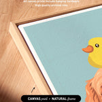 a vibrant, cartoonish duck with a yellow beak and orange eyes, set against a light blue background. The duck is surrounded by a wooden frame, and the image is described as a "Canvas print" with a "Natural frame" caption.
