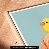 a vibrant, cartoonish duck with a yellow beak and orange eyes, set against a light blue background. The duck is surrounded by a wooden frame, and the image is described as a "Canvas print" with a "Natural frame" caption.