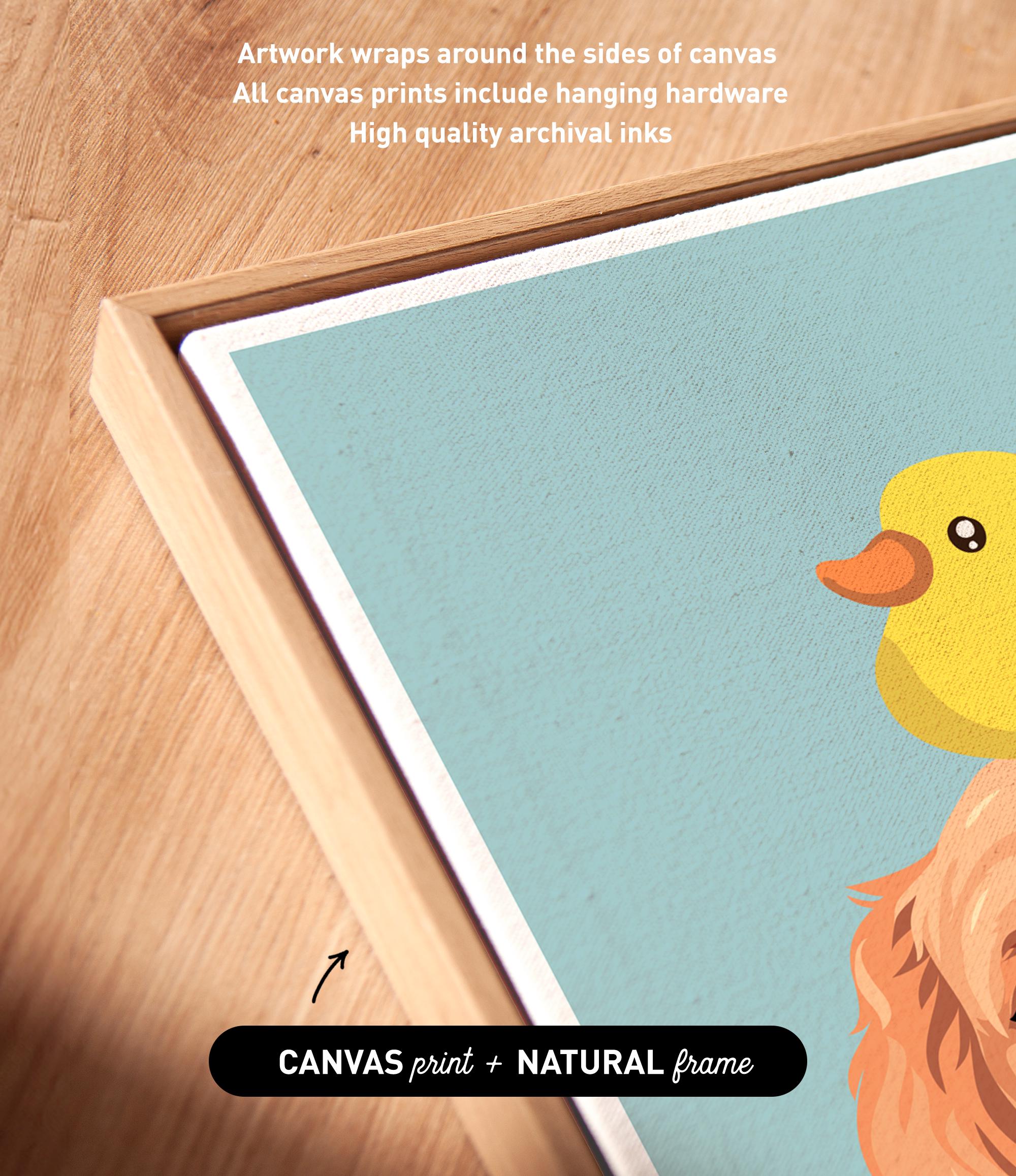 a vibrant, cartoonish duck with a yellow beak and orange eyes, set against a light blue background. The duck is surrounded by a wooden frame, and the image is described as a "Canvas print" with a "Natural frame" caption.