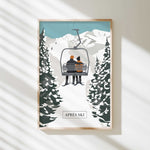 A framed illustration depicting a couple on a ski lift, surrounded by snow-covered pine trees, with the text "APRÈS SKI" below the image.
