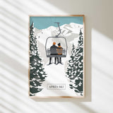 A framed illustration depicting a couple on a ski lift, surrounded by snow-covered pine trees, with the text "APRÈS SKI" below the image.