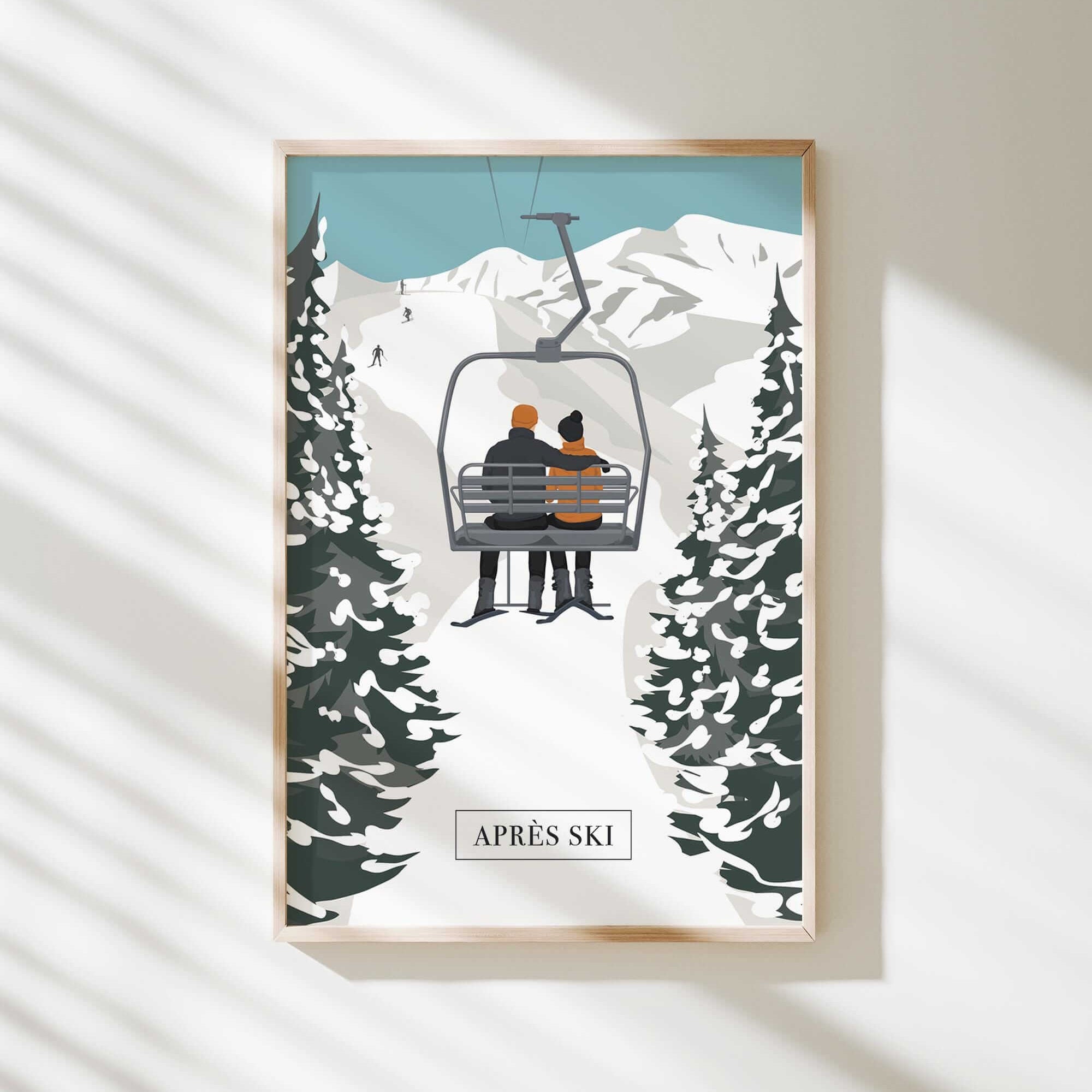 A framed illustration depicting a couple on a ski lift, surrounded by snow-covered pine trees, with the text "APRÈS SKI" below the image.