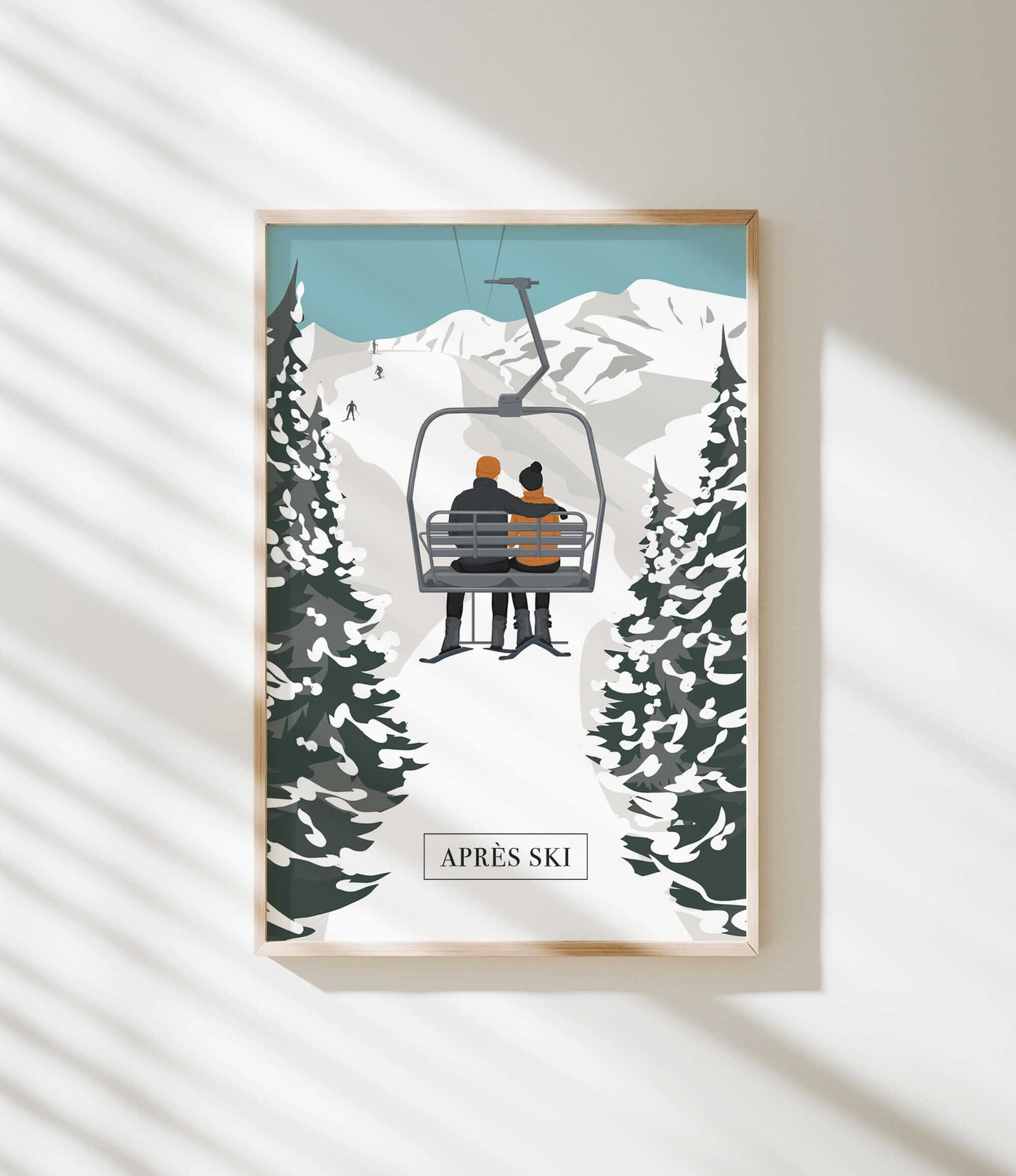 A framed illustration depicting a couple on a ski lift, surrounded by snow-covered pine trees, with the text "APRÈS SKI" below the image.