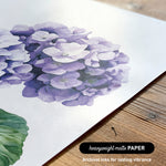 a close-up of a watercolor painting of a cluster of purple hydrangea flowers on a white background.