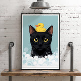 A framed illustration of a black cat with a yellow rubber duck on its head, set against a blue background with white bubbles.