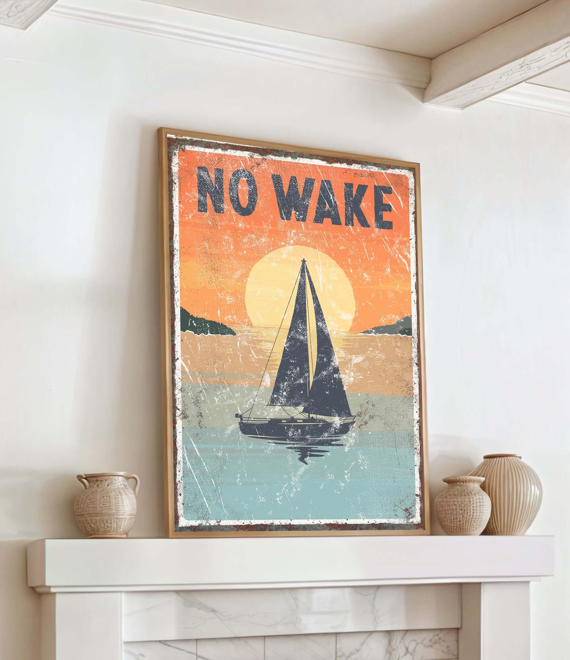 a picture of a sailboat on a poster above a fireplace