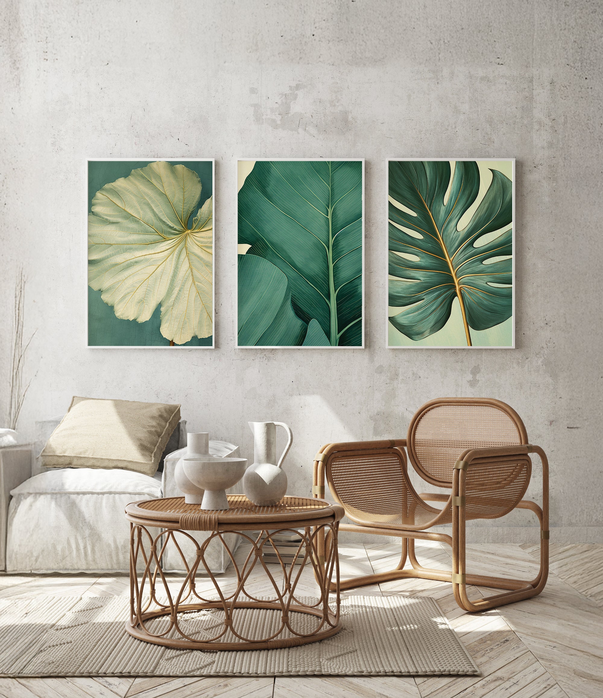 a modern living room with a wicker chair, a coffee table, and three framed botanical leaf art prints on the wall.