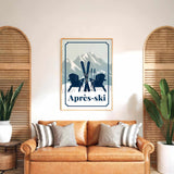 a cozy living room with a brown leather couch, a framed poster of a mountain landscape with skis and chairs, and two potted plants on either side of the couch.