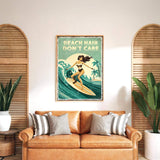 a vintage poster of a woman surfing with the text "BEACH HAIR DON'T CARE" displayed above her. The poster is hanging on a wall above a brown leather couch with striped pillows.