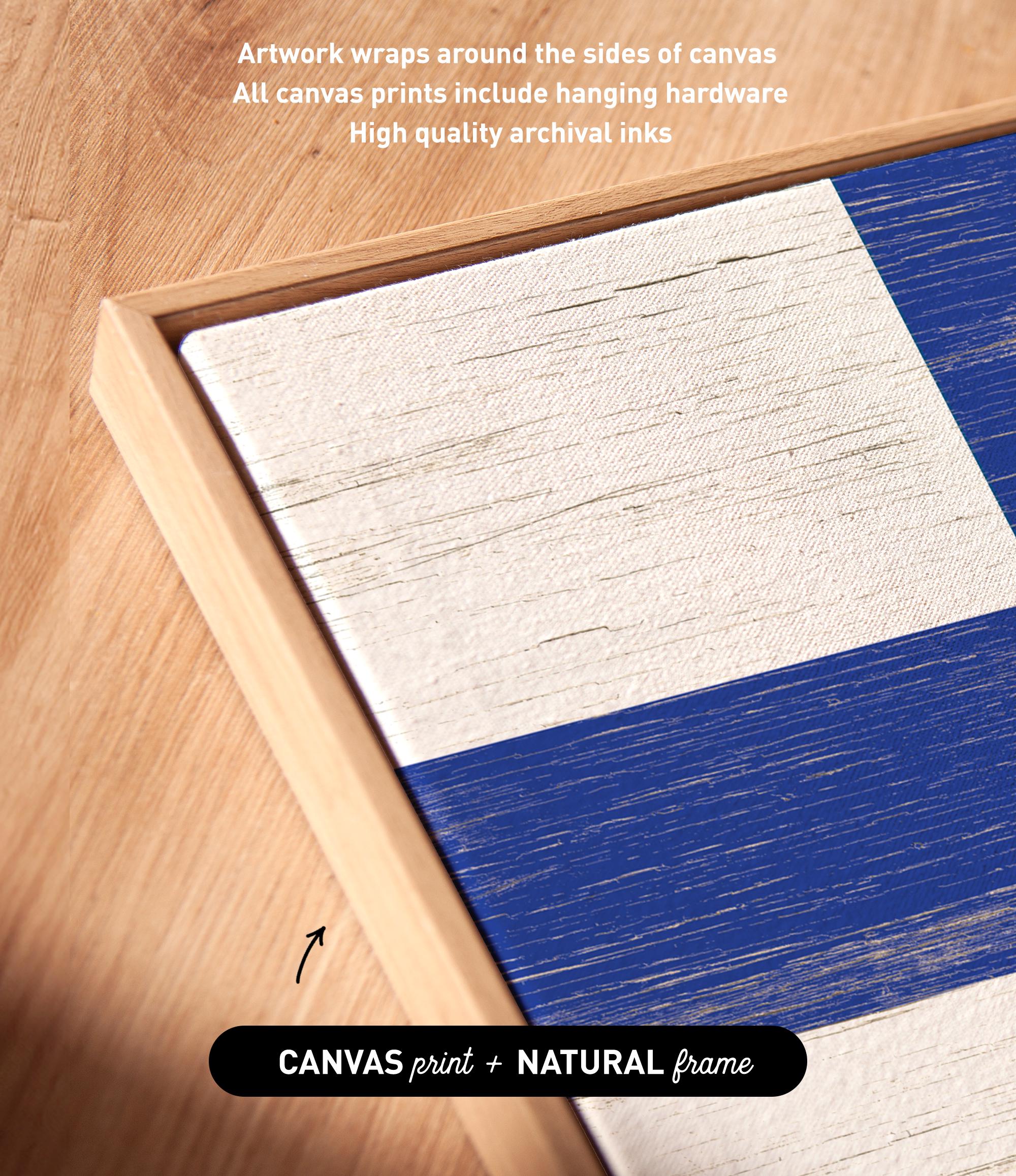 a wooden frame with a blue and white flag painted on it