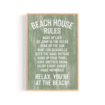 Beach House Rules Sign, Painted Wood, Seagrass: Features playful white text and ends with "Relax, you're at the beach!"—a charming addition to your coastal wall decor.