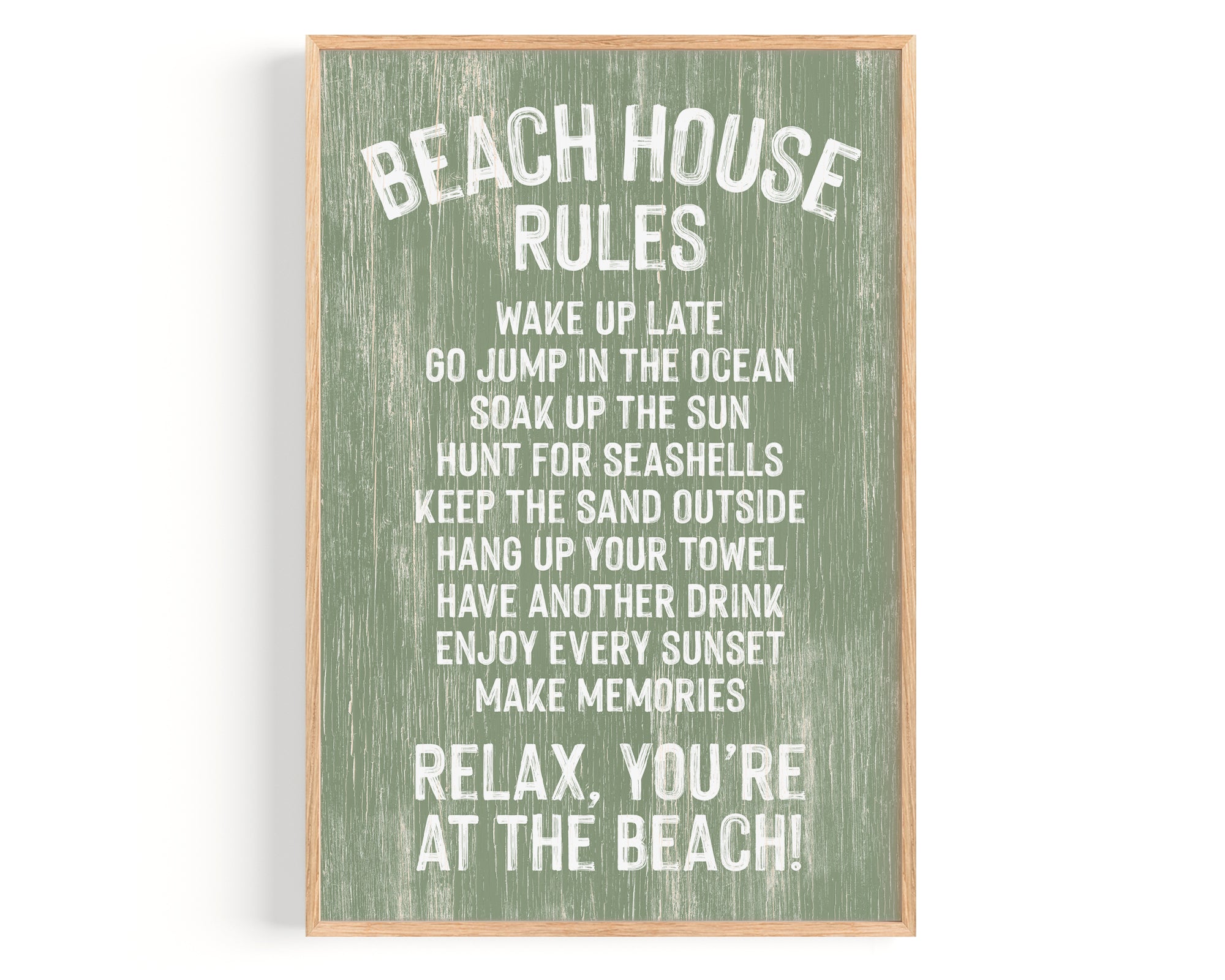 Beach House Rules Sign, Painted Wood, Seagrass: Features playful white text and ends with "Relax, you're at the beach!"—a charming addition to your coastal wall decor.