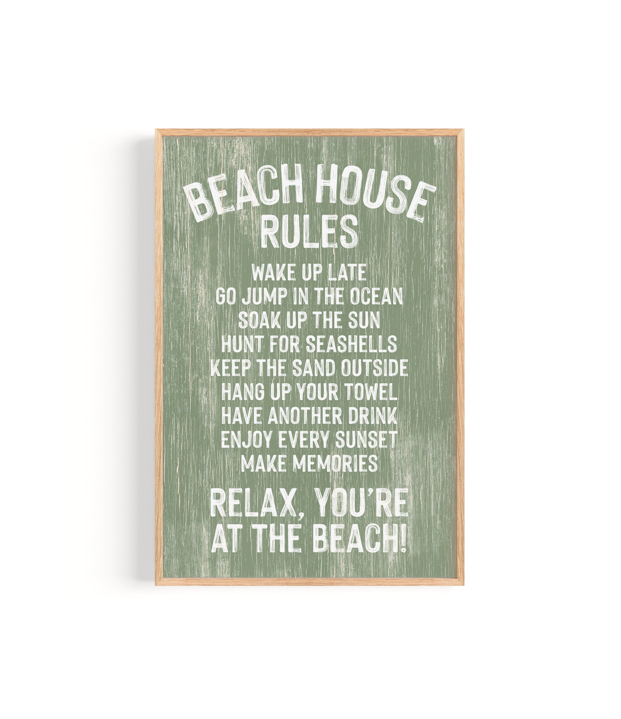 Beach House Rules Sign, Painted Wood, Seagrass: Features playful white text and ends with "Relax, you're at the beach!"—a charming addition to your coastal wall decor.
