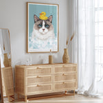 a cat with a yellow rubber duck on its head, sitting on a shelf in a room with a mirror and a dresser.
