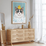 a cat with a yellow rubber duck on its head, sitting on a shelf in a room with a mirror and a dresser.