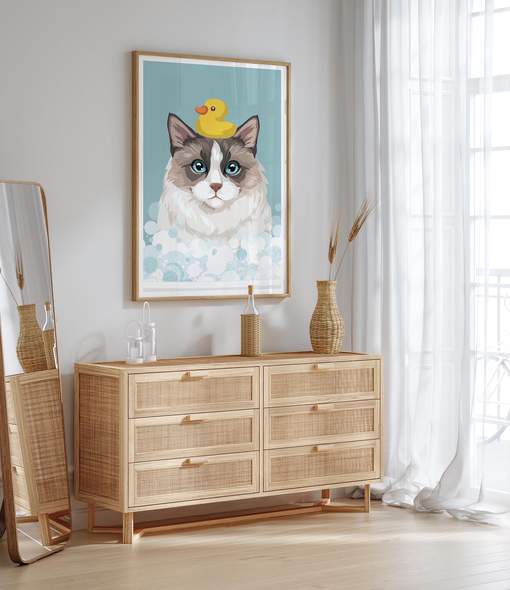a cat with a yellow rubber duck on its head, sitting on a shelf in a room with a mirror and a dresser.