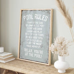 a picture of a pool rules sign on a shelf