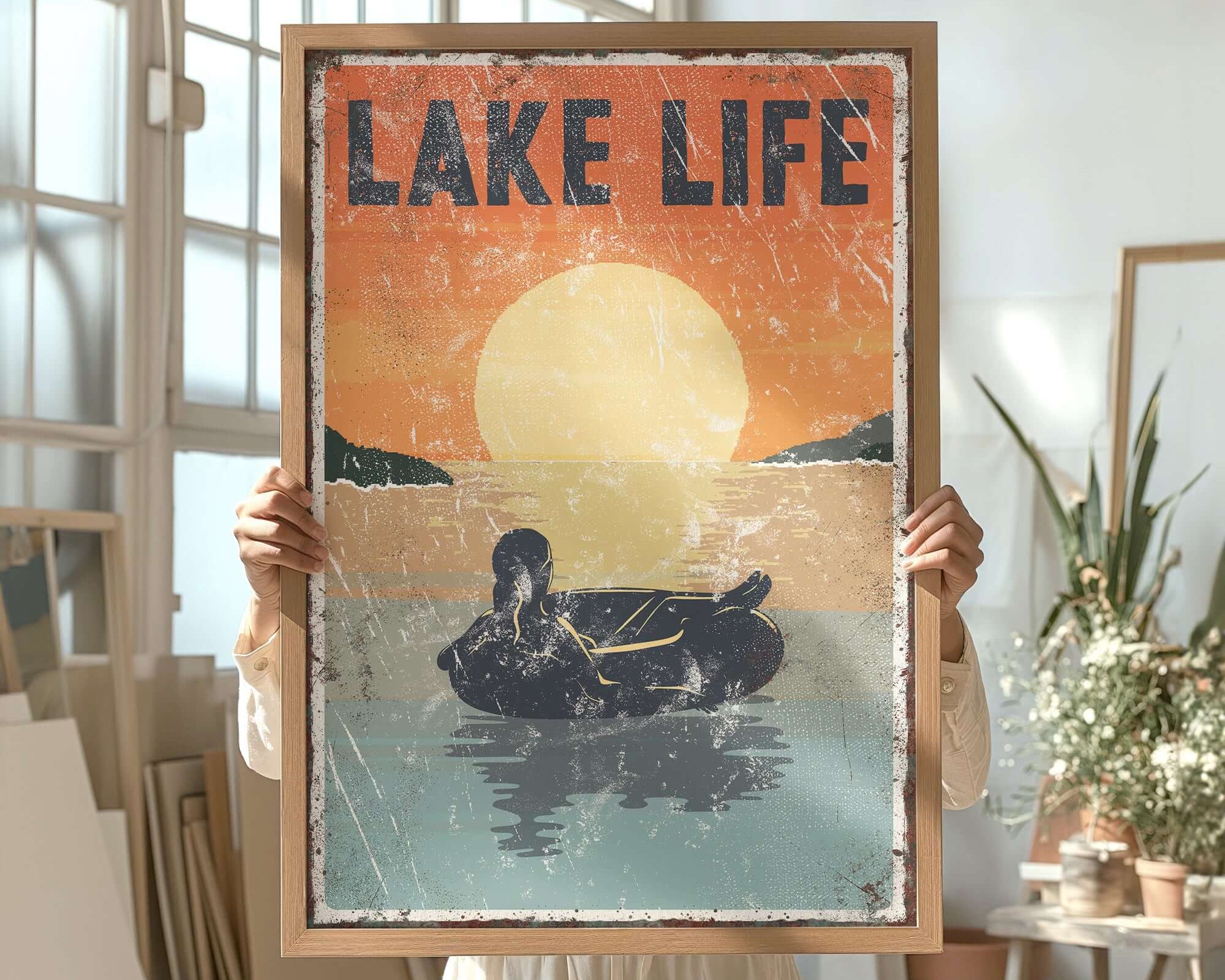 a woman holding up a picture of a duck in a lake