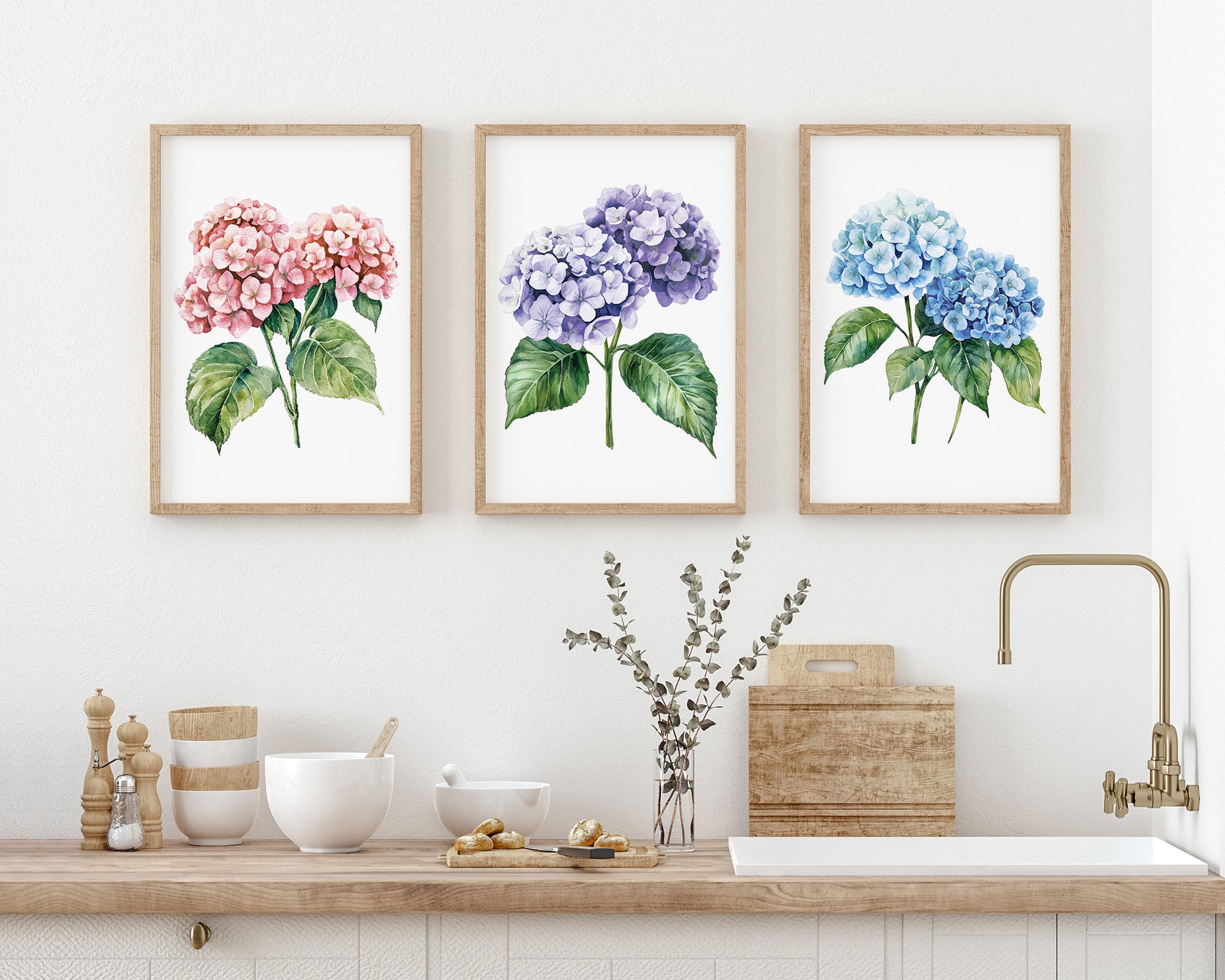 a kitchen counter with three framed watercolor paintings of hydrangea flowers hanging above it. The paintings depict different colors of hydrangeas - pink, purple, and blue. The counter also has various kitchen items, such as a bowl, a vase with flowers, and a sink.